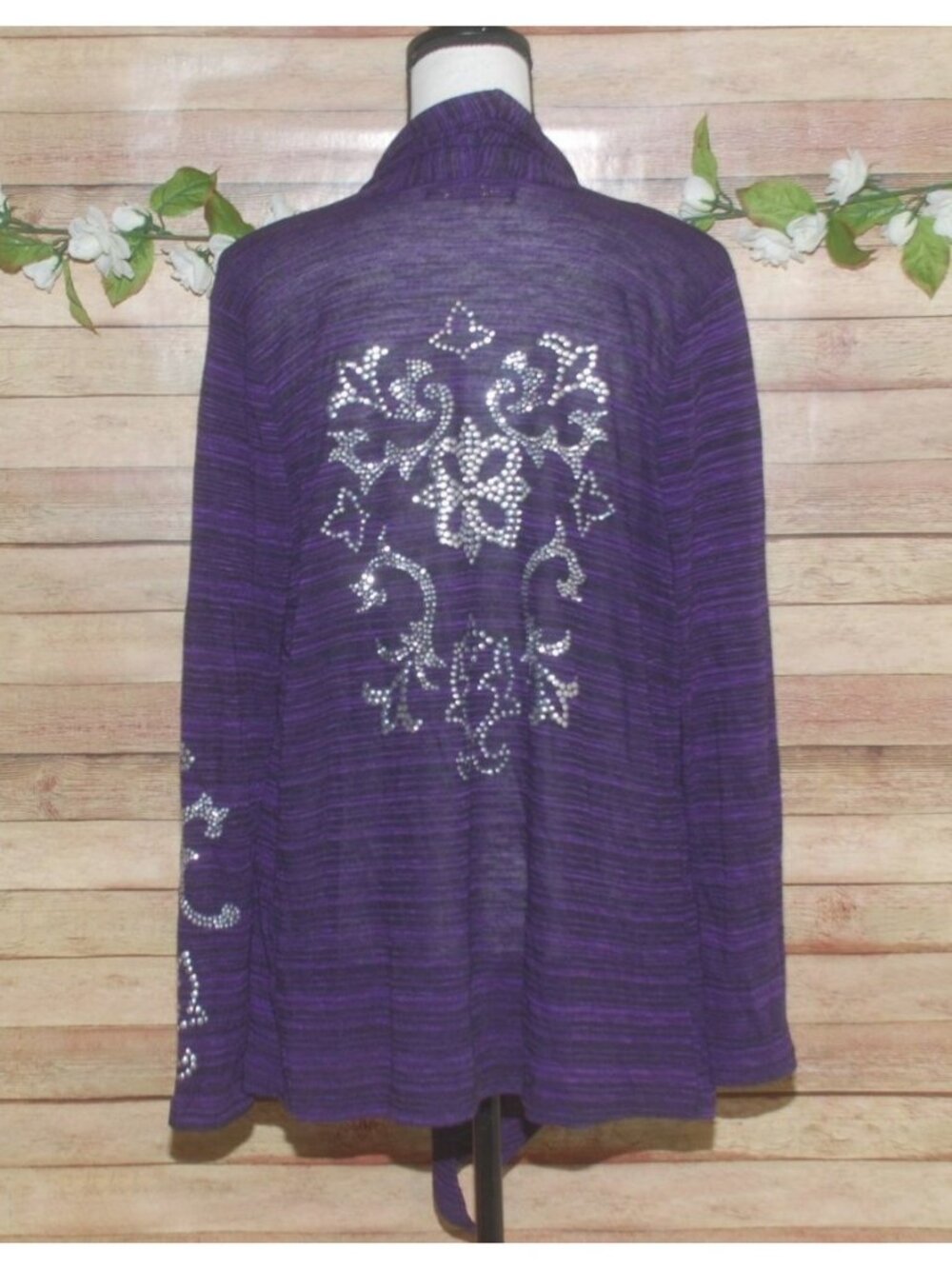 Unique Absolutely Famous Purple Open Front Cardigan Sweater Size L Studded Back